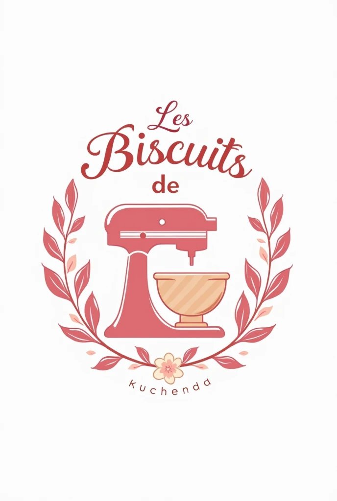 Logo sur fond blanc et dans les tons roses. Entouré de feuille et de fleurs.
Avec linscription en écriture liée "Les biscuits de Nadia" (avec un N écrit en majuscule).
Un kitchenaid au centre, sur le thème biscuits décorés au glaçage royal.