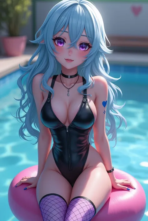 (( Sitting on bubble gum)A girl with wavy light blue hair. Wearing a black leather swimsuit、She has a small blue heart tattoo on her upper cheek.. Black ankle boots and purple fishnet stockings 