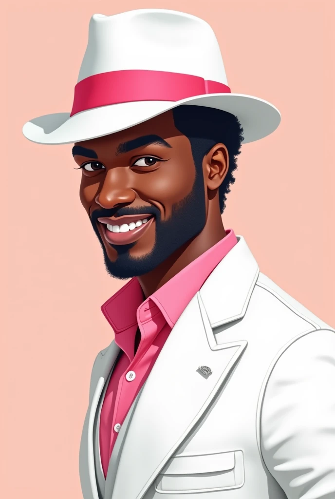 um homem adulto, dark-skinned, with short wavy hair and stubble, wearing a white samba hat with a pink band, he also wears a white suit with a pink shirt underneath, the illustration must be in a corporate flat style, 2d style without any details, no detai...