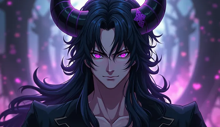 ((Highest quality)), ((masterpiece)), (detailed),The outfit has the dignity of a king of the demon world.、male、Black Hair、Purple Eyes、威厳があるかっこいいmale、Anime Style、Hand-drawn drawing、Demon King&#39;s Hair Ornament、