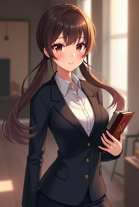 Anime girl in suit. She has brune hair and low ponytails. She is smiling and has a book in her hand. 