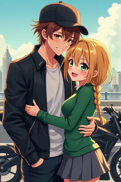 Anime, tall guy, brown hair, black cap, black leather jacket, white t-shirt huging a blond side braded girl, green eyes, blushed, happy, green sweater, gray skirt  near a black street racer bike