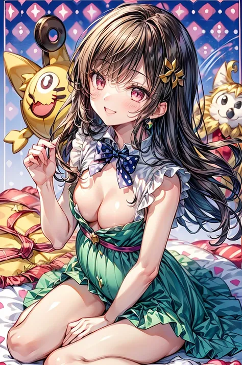 boy,((Its a Small World:1.3)),smile,Princess style from the fairy tale world,alice in wonderland,cheshire cat,close up of face,(polka dot background:1.2),red and white and pink and yellow,(look up:1.3),(NSFW),(plump cleavage),Absolute area:1.3)