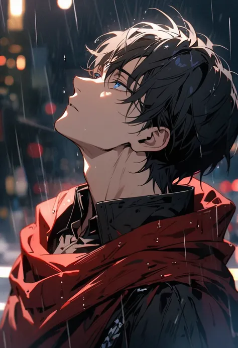 male, solo, handsome, black hair, side view,  head up, tattered red cloak, beautiful color, high detail, macro picture, blue eyes, half eyes, rainy