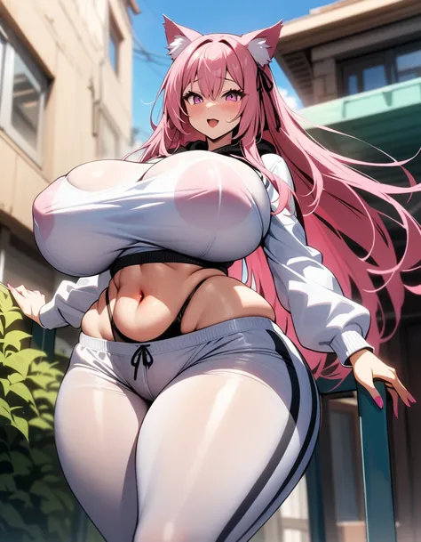 masterpiece, best quality, absurdres, very aesthetic, 1girl, (pink hair with black ribbons, long hair, detailed hair, cat ears, pink eyes:1.2), (casual wear, hoodie, sweatpants:1.2), (thin clothes, undersized clothes, taut clothes, clothes extremely stretc...