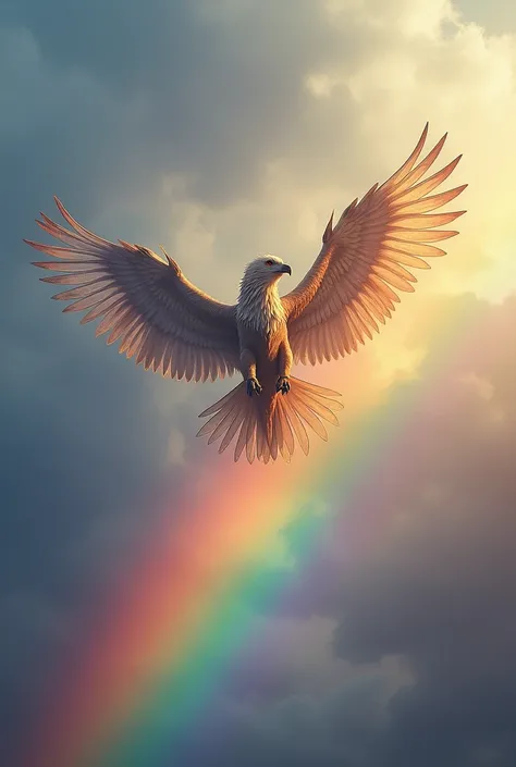 Griffin ( (lion body: 1.1 , Eagle head 1.1) in a Rainbow Sky: A griffin with iridescent wings spreads them wide as it soars through a sky where a massive rainbow stretches from horizon to horizon. The colors of the rainbow are intensified, almost glowing, ...