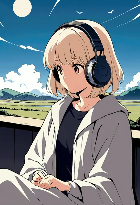 　Sky birds are flying　Anime-style illustrations. he長い間, 　She has light hair and is wearing headphones. he、Dressed casually with a dark shirt and loose coat over his clothing。. Landscape Room　Beautifully drawn, With minimalist lines. The overall color schem...