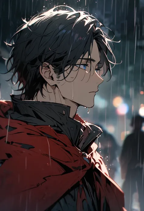 male, solo, handsome, black hair, side view,  head up, tattered red cloak, beautiful color, high detail, macro picture, blue eyes, half eyes, rainy