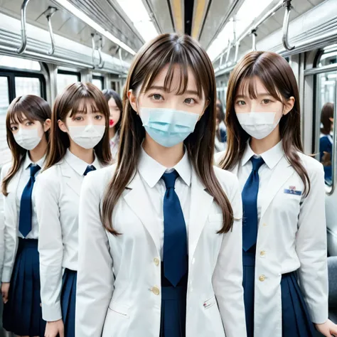 ((Perfect Anatomy:1.2,Realistic:1.5,RAW Photos:1.3,Masterpiece,Highest quality,High resolution,Very detailed photos,8k)),The train is crowded with many nogizaka girls and kpop idols,wear a mask,