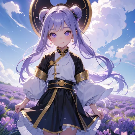 A chibi child girl had a small face and Wearing white little Taoist priests outfit. A pair of big round eyes shone with curiosity about him. This child was so cute, Stroll among the purple lavender fields , There are some floating clouds.

her hair is blac...