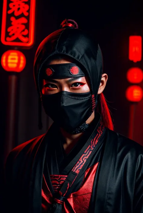 Ninja with red Kabuki mask, Black clothing with neon details, cyberpunk style, ancient china, midnight, darkness, Red eyes, dark environment, devil&#39;s mascara, mascara samurai 