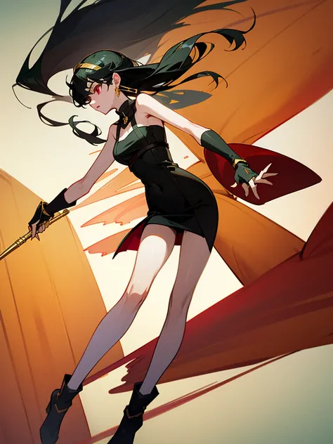 Highest quality、masterpiece、High resolution、One Girl、low length、Slender、Thin thighs、Ayorf、Black Hair、Long hair short hair、Gold Hair Band、Red eyes、Black Dress、Gold earrings、jewelry、With weapons、Low posture、Finding、No sleeve、Throw a kick, Arm guard, gloves