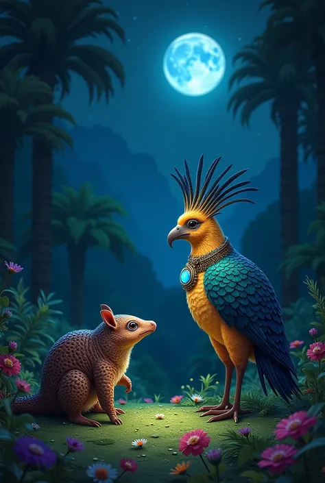 Create a night scene in a rich setting where there is a small brown armadillo and a quetzal which holds in its paws a necklace with a bright blue stone., while they look at the sky and there is the god E&#39;eekat  