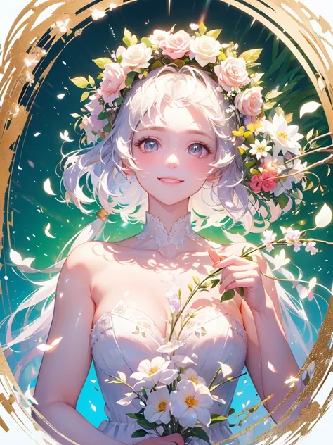 (masterpiece、Highest quality、Highest quality、Beautiful and beautiful:1.2)、(Excellent anatomy:1.5)、Milky white straight hair girl、Butterfly Fairy、Floral Costume、A radiant smile、Sparkling eyes、Looking into the camera、Flowers and leaves on the head、Holding a ...