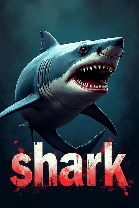 A look like drawn by humans Shark under which there should be a word ,, Shark “ it should be dangerous, not fat, written Sharks with some effects and colors in it


