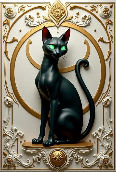 Create a white and gold coat of arms of the ancient civilization of Ejito with a naked black cat with a round golden outline 3D with emerald eyes