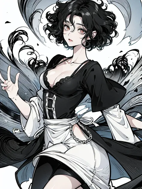 Woman with short curly hair, She is engulfed in a black cloud, Manga Page, Great style, Obata Takeshi Style