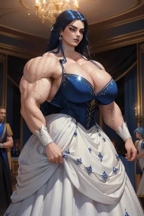 (((Close view))), tall, royal blue hair, beautiful muscular woman, long wavy hair, pale white skinned, closed smile, large breast, (black lipstick), (massive muscles), (hyper muscle), (ginormous bulky muscles), white eyes, ((royal blue sparkly ball gown em...