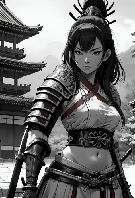 a beautiful samurai woman,crop top showing navel,holding a japanese katana sword,wearing a traditional japanese samurai hat,deta...