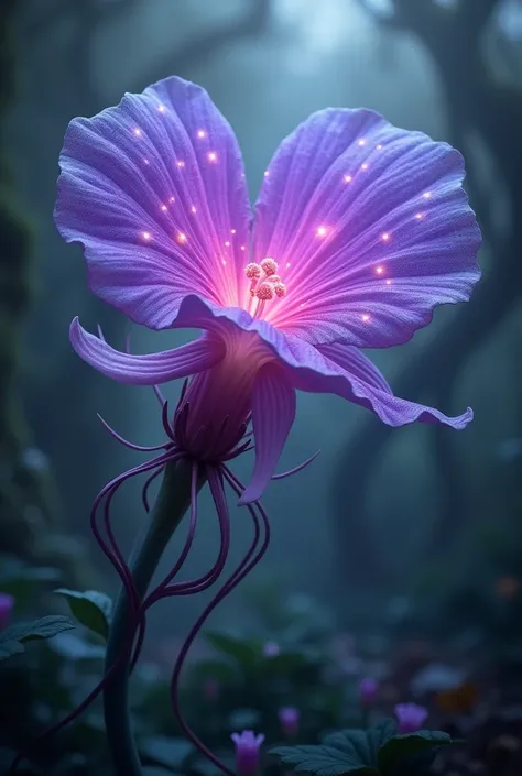 To create a prompt based on this image, I would suggest:

"Describe a fantastical flower that combines elements of beauty and magic. This flower should have vibrant colors, an unusual shape, and some ethereal or supernatural qualities. How might this flowe...