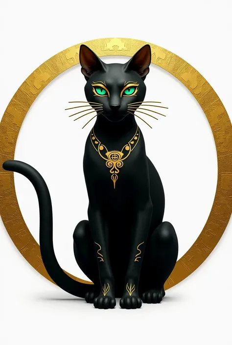 Create a white and gold coat of arms of the ancient civilization of Ejito with a naked black cat with a 3D gold round outline with emerald eyes with gold paint around the eyes