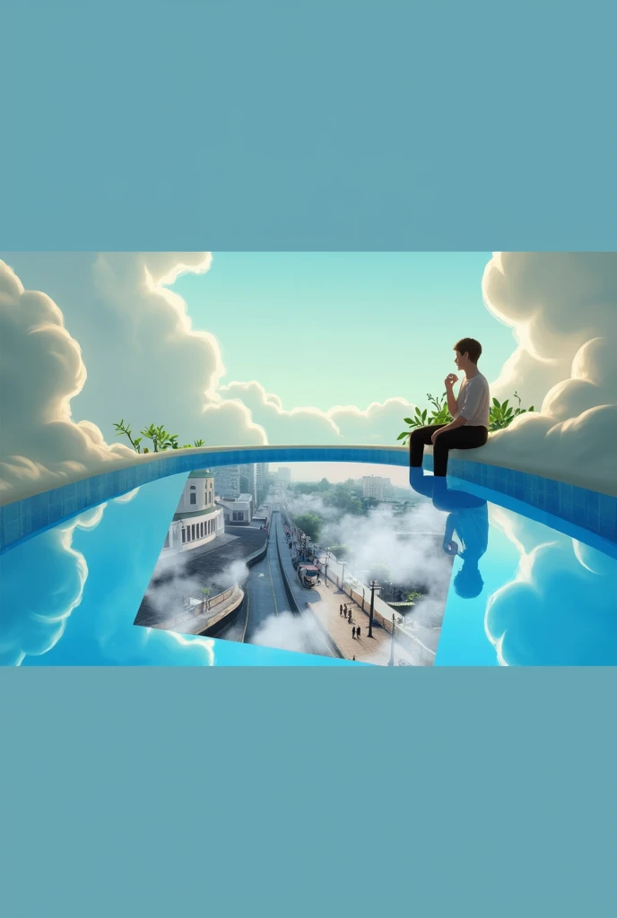 The character is in heaven, sitting on a cloud that blends into a pool. He is sitting on the edge of the pool, about the cloud. From up there, he looks at the pool and sees clearly, as if it were a mirror, people walking on the sidewalks of a street below.