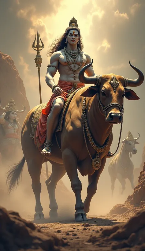 Nandi, depicted as a powerful and revered figure, riding alongside Lord Shiva. Nandi should be shown as a strong and noble bull, symbolizing his role as Shiva’s vehicle. The scene can include Shiva’s divine entourage, emphasizing Nandi’s new position and h...