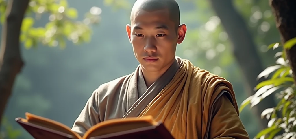 a budha monk reading an ancient book in a peaceful forest setting, detailed facial features, detailed robe texture, detailed book textures, detailed foliage, detailed lighting, cinematic composition, dramatic lighting, moody atmosphere, warm color palette,...