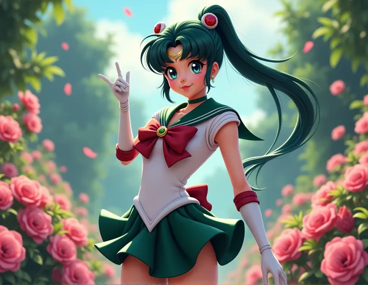 (CG Unity 8K Extreme Detail Wallpaper, work of art, highest quallity), (Exquisite lighting and shadow, highly dramatic image, Cinematic lens effect), (Sailor Moon: 1.4), Delicate facial features, charming smile, star eyes, ((dark green hair)), tight top, w...