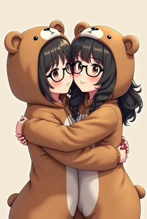 Make two girls hugging each other one with straight black hair and wearing glasses and the other with long curly black hair also wearing glasses,both in bear costumes, make them brown-eyed and teenage 