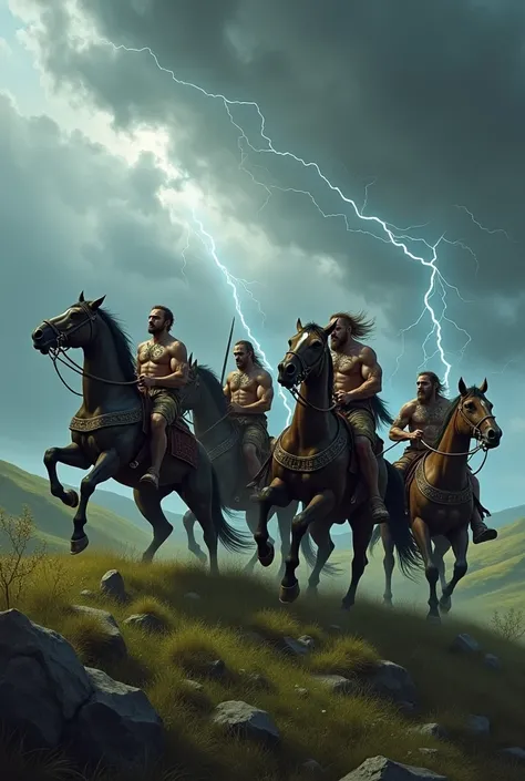 Warriors in kilts on horses and storm