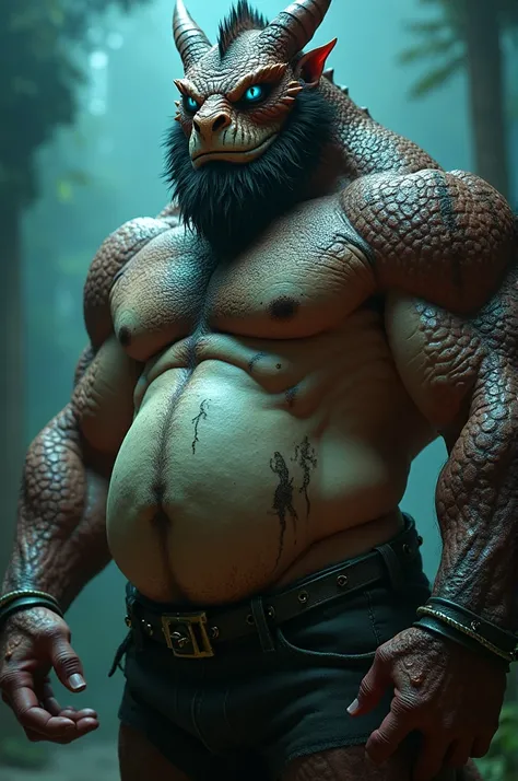 Anthropomorphic Dragon, Dad bod, Extreme body hair, sexy pose, muscle gut, bushy beard, blue eyes, size difference, shirtless, glowing teal eyes, dripping sweat, hyper bulge, hyper dad bod