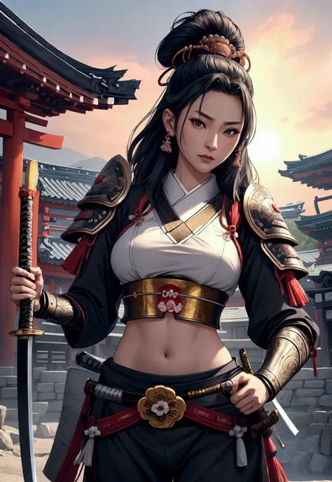 a beautiful samurai woman,45 years-old,crop top showing navel,holding a japanese katana sword,wearing a traditional japanese sam...