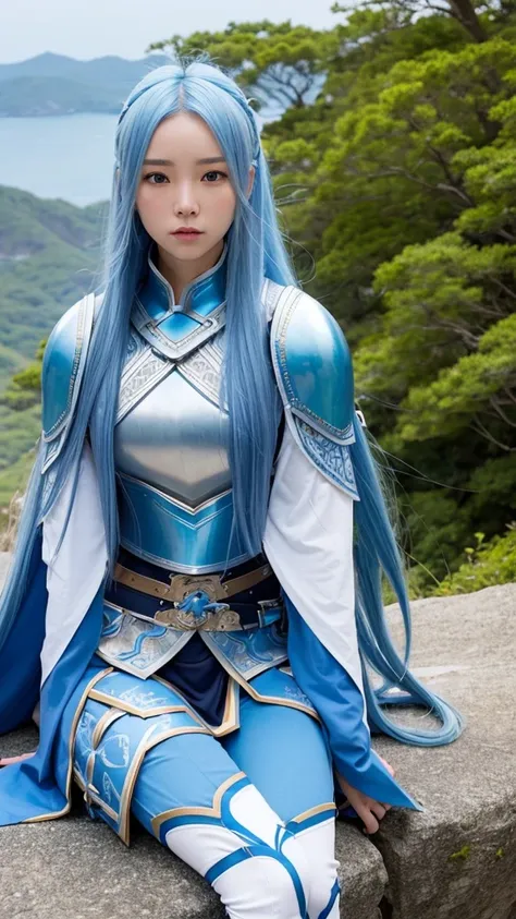 A female warrior with long blue hair、Wears blue armor with white patterns。Has a big sword。Sitting on a cliff。Beside it、Blue, medium-long hair、The female warrior&#39;s sister、Together in white dresses。High resolution, masterpiece, accurate, Anatomically cor...