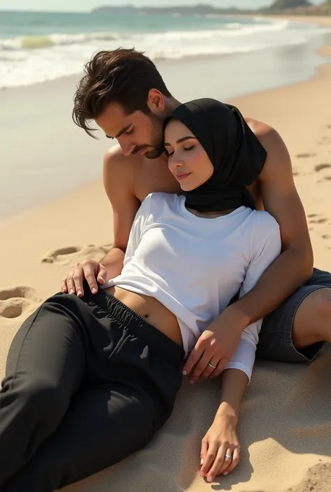 Black headscarf on the beach, white long sleeve t shirt, black sweatpants, barefoot, Sexy skinny woman lying on the floor. 1 man kisses woman&#39;s butt.