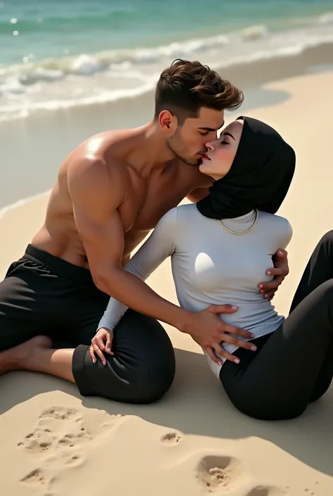 Black headscarf on the beach, white long sleeve t shirt, black sweatpants, barefoot, Sexy skinny woman lying on the floor. 1 man kisses woman&#39;s butt.