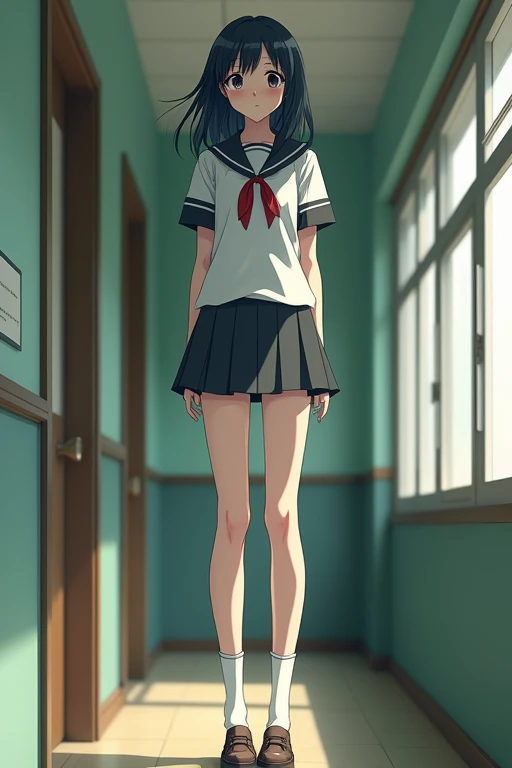 ((best quality)), ((masterpiece)), (detailed),  A Japanese girls legs grow longer and longer due to a mysterious force, and she grows taller and hits her head on the ceiling.  school uniform.  more beautiful, sexy