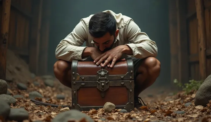 a crouched guy holding on to his treasure box and hiding it from the viewer with his arms