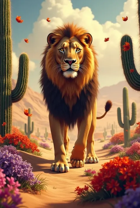 Desert with cactus with flowers the lion of Judah
