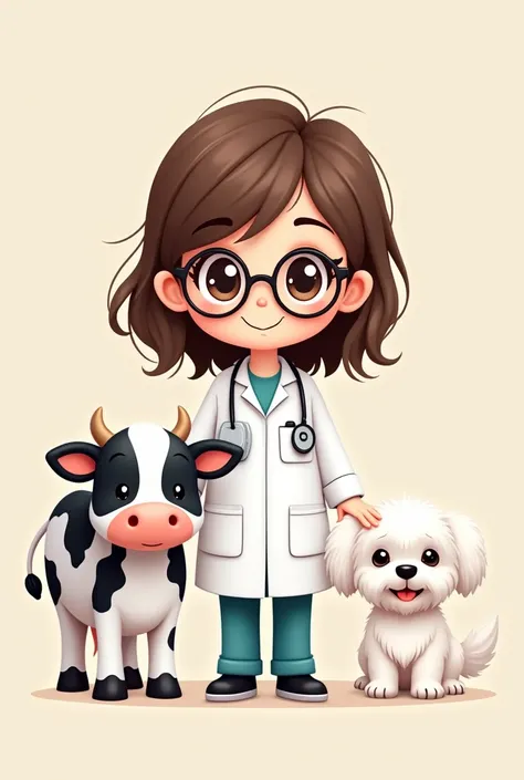 A chibi animated image of a veterinary girl, brown hair with brush, brunette, with glasses and a cow on one side and a black and white Maltese dog on the other 