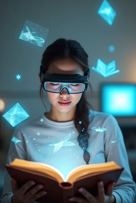 A woman wearing artificial intelligence glasses, reading a book, and images from that book appearing around her , and she surprised