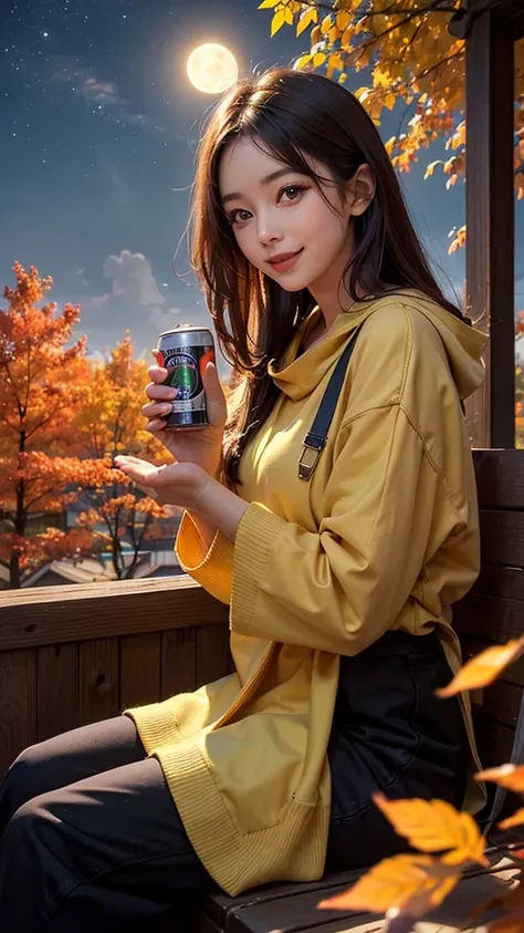 A serene autumn evening scene featuring a beautiful woman with a warm, inviting smile, holding a can of beer in her hand. She is surrounded by the vibrant colors of autumn, with the rich reds, oranges, and yellows of the fallen leaves creating a cozy, seas...