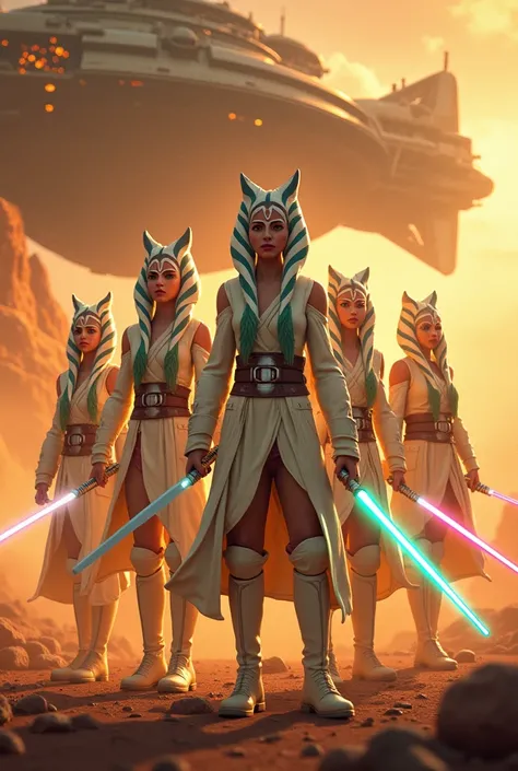 image haute qualité HD 8K, vue de très haut, presque a vol davion, Un vaisseau impérial de Star Wars, Cudesexyrobutts, cinq Ahsoka, porte langue robe blanche épaisse, ceinture cuire blanc avec boucle argent, liseré vert et couture vert, porte des bottes de...