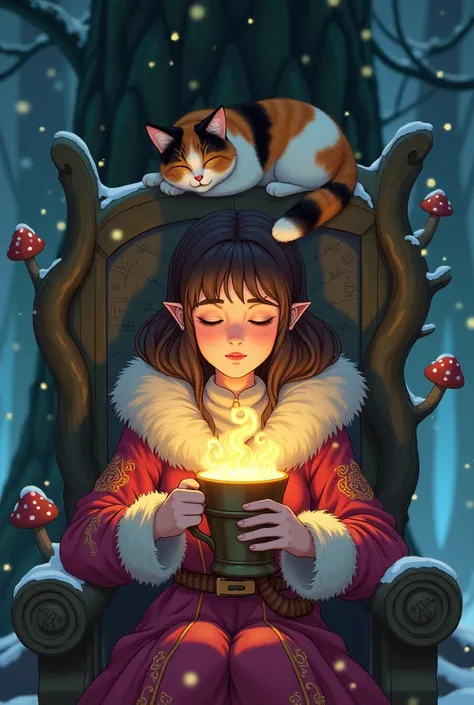 Ghibli Studio style, vibrant colors, close-up of a beautiful enchantresss hands holding a mug overflowing with swirling, luminescent mist. She wears a richly embroidered mage coat with fur accents, seated in a throne carved from a living tree that glows wi...