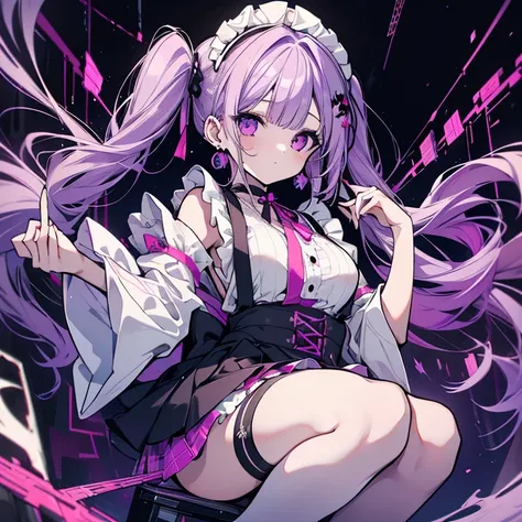 1 girl、Mature、Ample breasts、Long Hair、Twin tails、Curly Hair、pale purple hair、maid、maid服、Miniskirt、garter、spiderwebのストッキング、choker、Earrings、spiderweb、spiderwebのストッキング、Cat ear、1 girl、High resolution、Highest quality