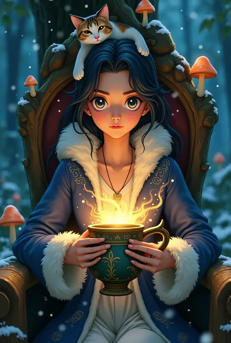 Ghibli Studio style, vibrant colors, close-up of a beautiful enchantresss hands holding a mug overflowing with swirling, luminescent mist. She wears a richly embroidered mage coat with fur accents, seated in a throne carved from a living tree that glows wi...