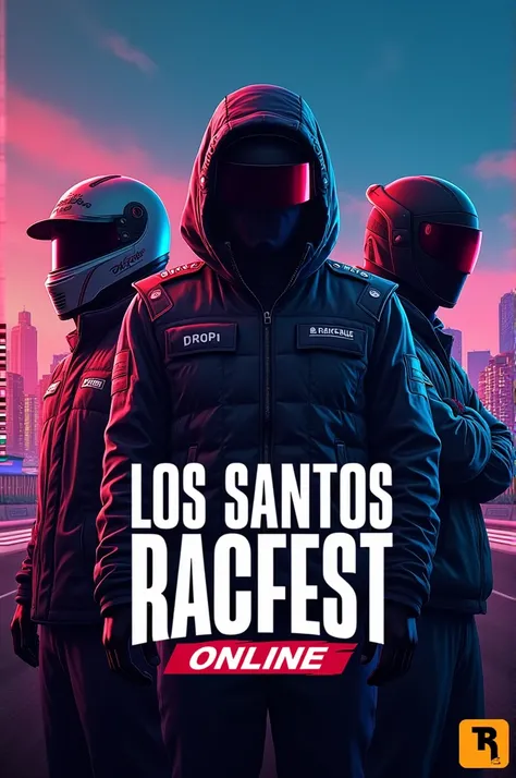 Make a cover photo for an event. The event is called: “Los Santos Racfest” which was relaunched in 2024. The game is GTA 5 Online Racing. The cover image must contain the following things: 
• Suspense • Must seem interesting • Time (so start is at 8pm:00 o...