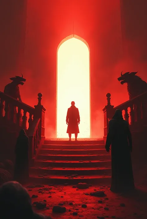 depict dramatic scenes with strong color contrasts, especially in shades of red and orange, depicting environments that appear hellish or otherworldly. In the middle, there was a white door emitting bright light, with the silhouette of a person standing in...