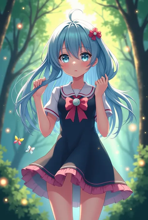 Anime Face、1 girl、Beautiful silky light blue long hair、Light blue eyes that sparkle like jewels、Gentle expression、Cute black and pink outfit、Short skirt、Large ribbon on the chest、Sparkling sunshine、in the forest、in the forestに差し込む光、wood々が生い茂る神秘的なin the for...