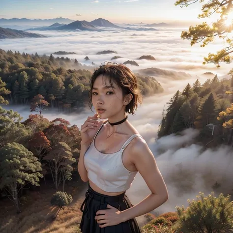 a beautiful japanese college girl with some freckles on her face inspired by hamada hideyaki shot by contax g1 with portra 800 film roll, ((short hair)),  ((yellow trees forest)), autumn,scenery:1.25,((intricate scenery)),((autumn forest background)), ((su...